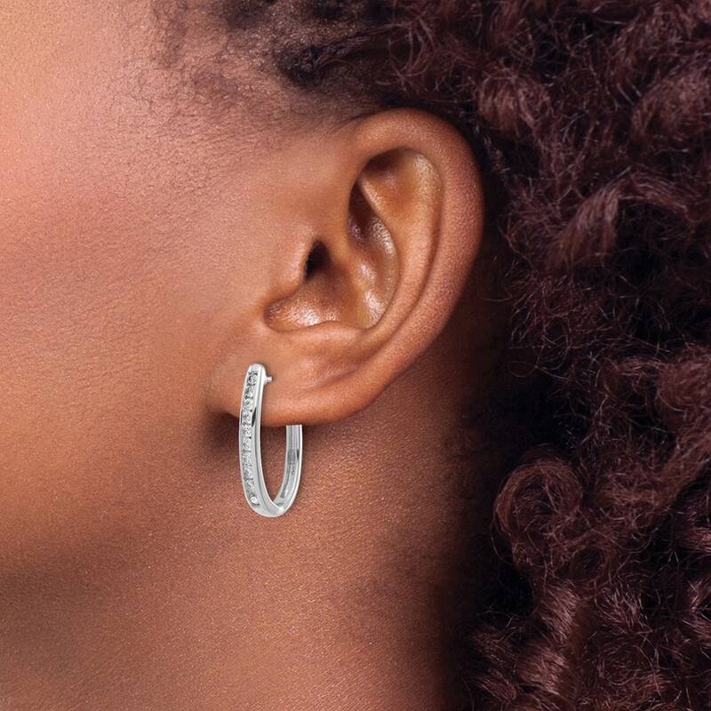 Curata 14k White Gold Diamond Oval Hoop Earrings - 24x15mm Wide 3mm Thick