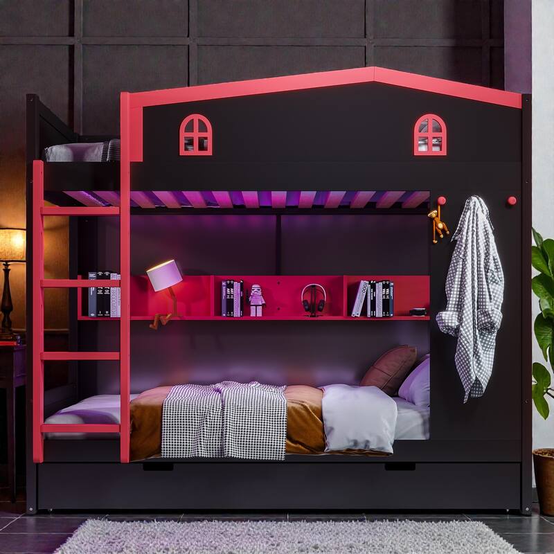 Solid Wood Bunk Bed with Trundle and Storage Shelves, Full Over Full/Queen Over Queen Bunk Bed with Hooks - Black Red - Queen