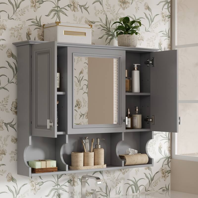 GDFStudio - Rivermont Modern Wall Mounted Bathroom Medicine Cabinet with Mirror and Open Shelves - 35'' x 28''