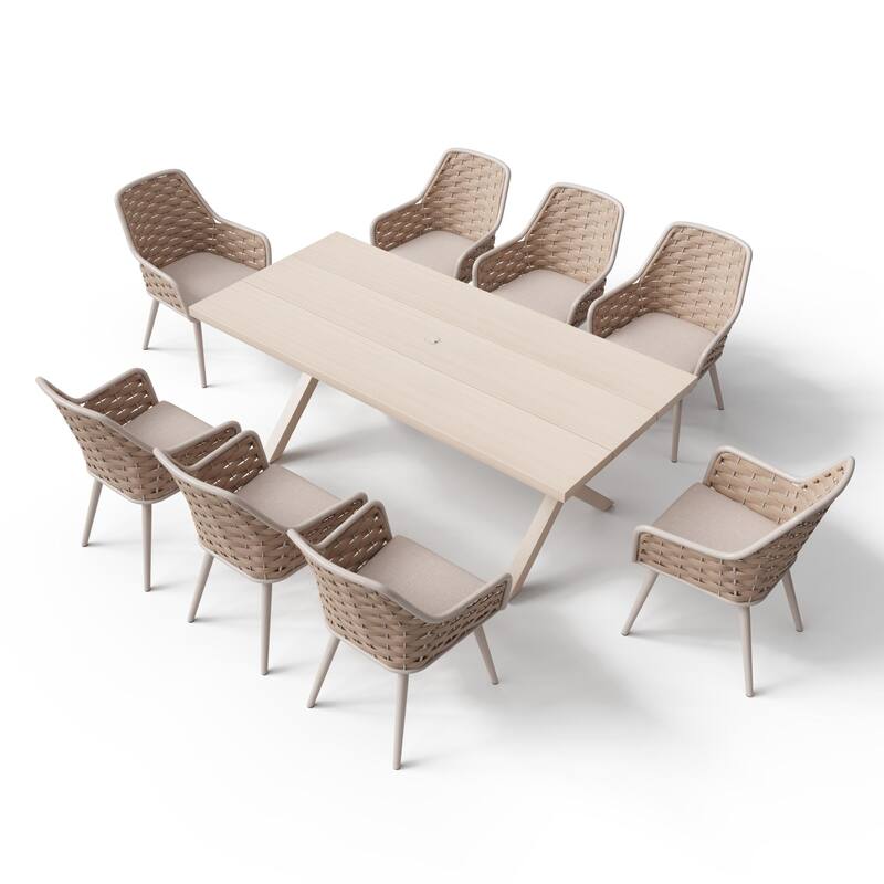 Outdoor Patio Dining Sets with Handwoven Rope Chairs and X-leg Aluminum Dining Table for 8 Persons