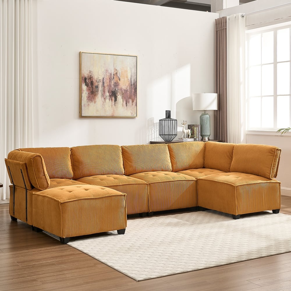U-Shaped Corduroy Upholstered 6-Seat Convertible Modular Sectional Sofa Fit for Living Room