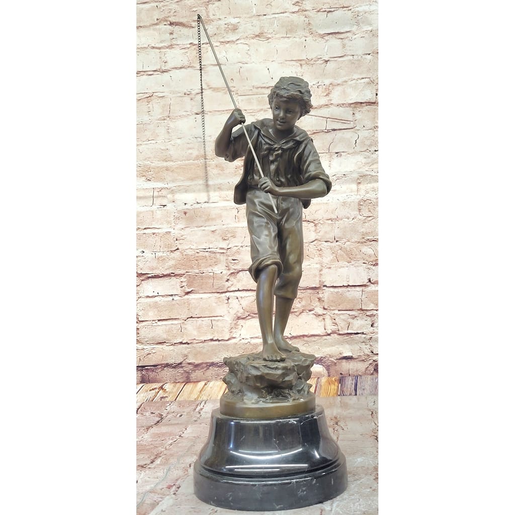 Bronze Sculpture Of A Boy Fishing By Rancoulet - Handmade Statue On Marble Base