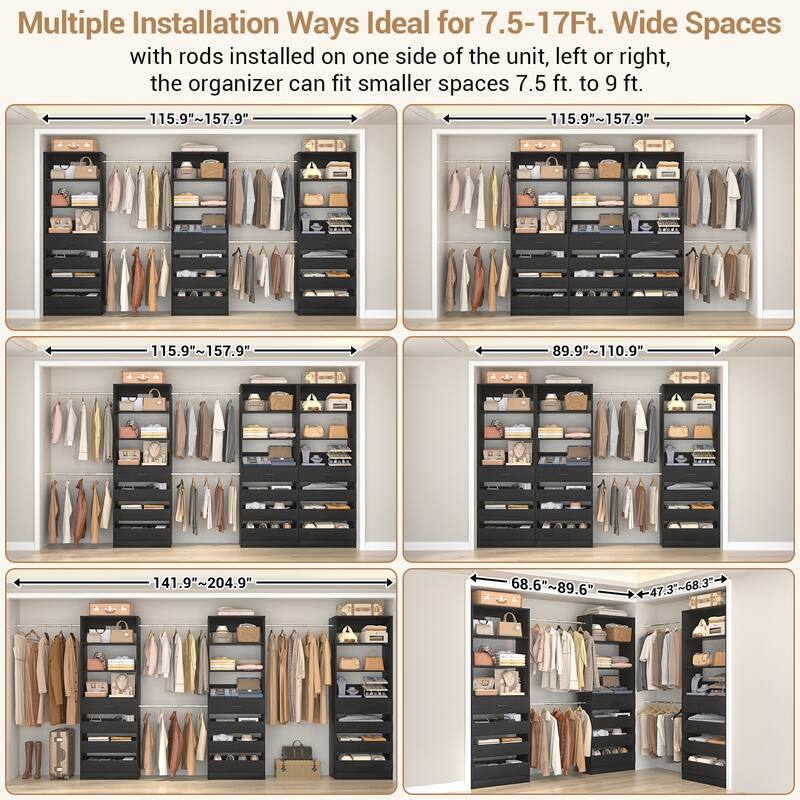 140'' Walk-in Closet Organizer System with 12 Drawers ＆ 4 Hanging Rods, 8.5-11.5FT Wooden Wardrobe Clothes Rack with 3 Towers
