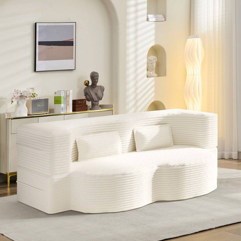 Modern 78.7" Floor Sofa With 2 Pillows For Small Pace Living Room, Convertible Sleeper Sofa Bed - Beige Corduroy