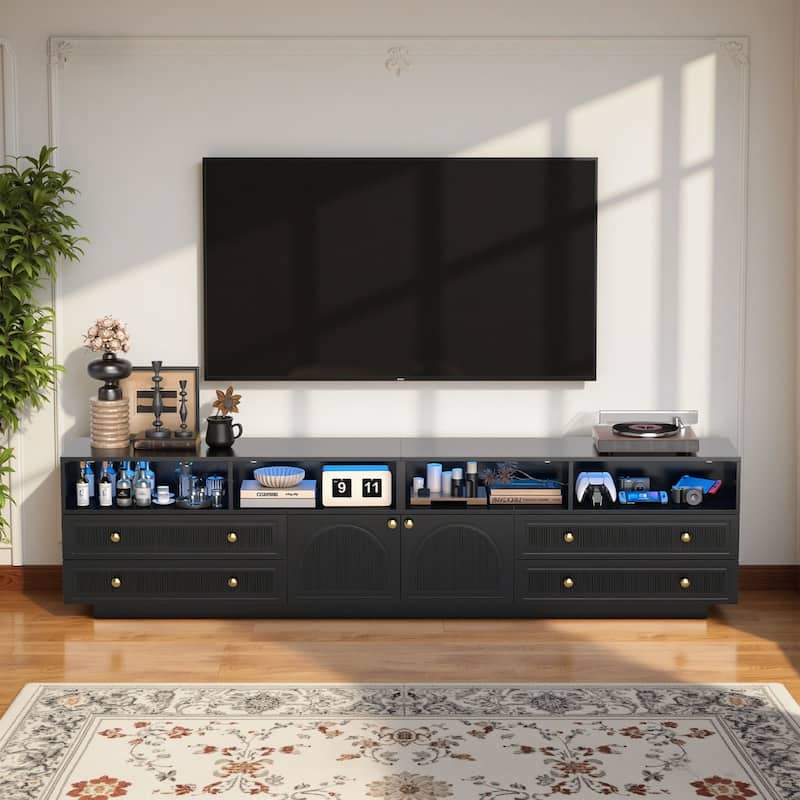 Meyreso 86.6" Modern LED Lighted TV Stand with 4 Open Shelves and Storage Cabinets - Black - 86.6 inches