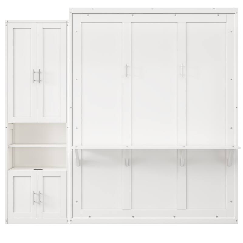 European Style Murphy Bed with Dual Piston System and Side Cabinet, Space-Saving Foldable Wall Bed Wood Bed Frame