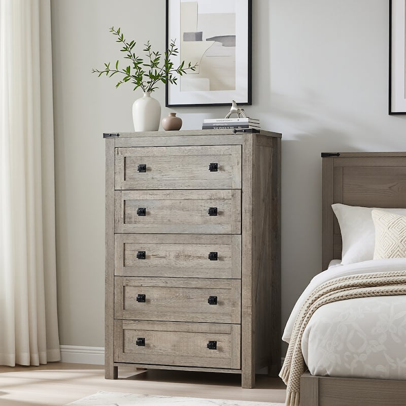 48" Tall Farmhouse 5 Drawer Wood Dresser, Chest of Drawers for Bedroom - Light Rustic Oak