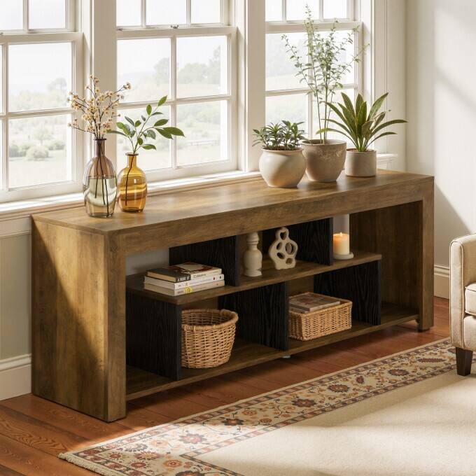 63" Console Table with Storage Shelf, Rustic Wooden Entryway Table
