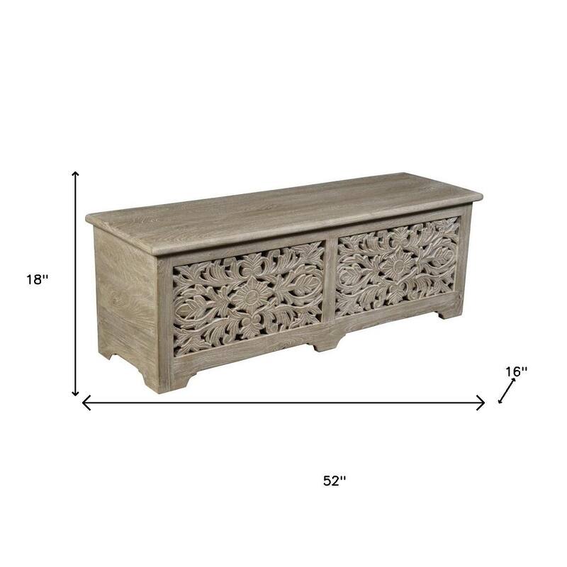 HomeRoots 52" Gray Distressed Solid Wood Carved Floral Storage Ottoman