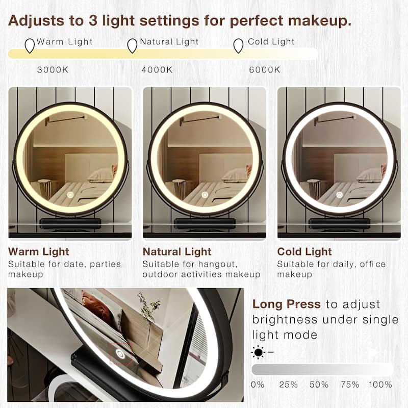 Modern Vanity Table with Tempered Glass Top, Adjustable Height Legs, Multi-functional Storage Cabinet and Round Mirror