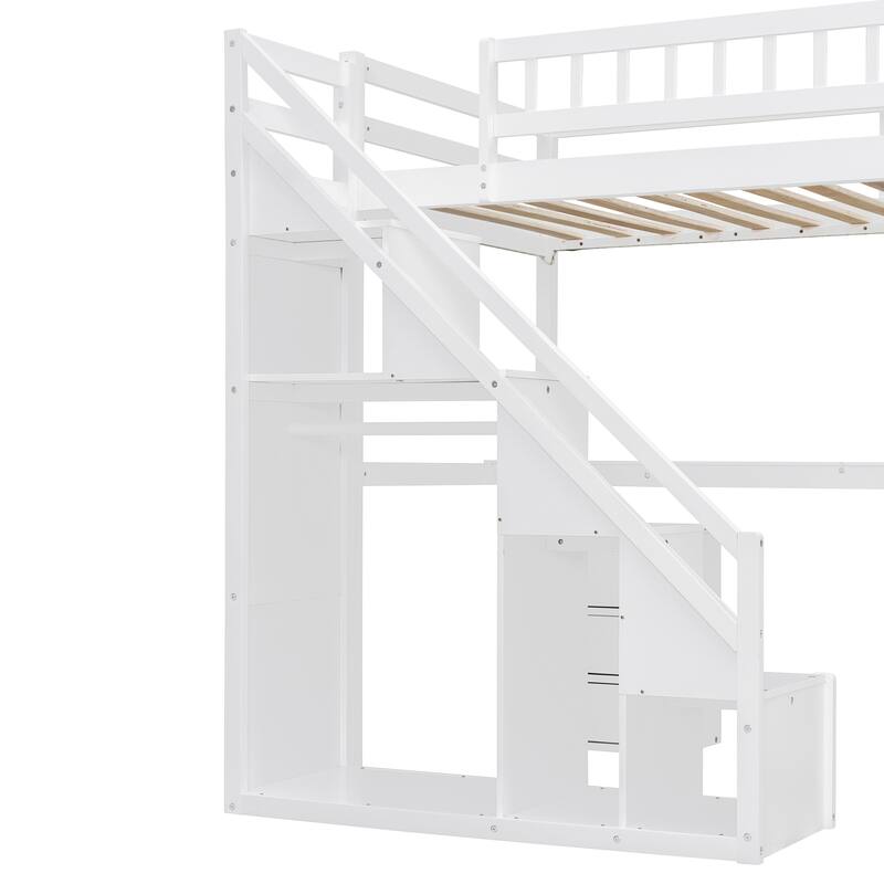 Roomfitters Twin/Full Size Loft Bed with Desk, Two Chests of Storage Drawers and Lighting