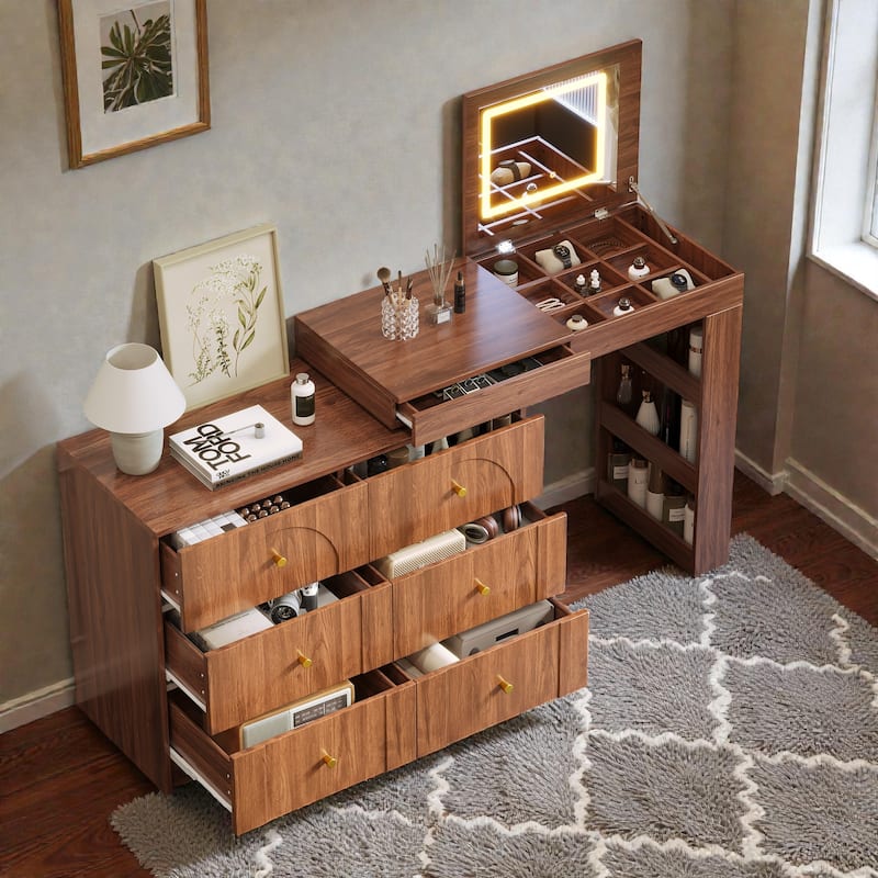 Vanity Desk with Flip-Top Mirror and LED Lights, Makeup Table with 7 Drawers, 9 Compartments, Shelves, 3-Color Modes