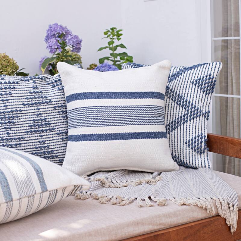 Handwoven Reversible Striped Outdoor Throw Pillow Cover - 20" - Cream and Blue