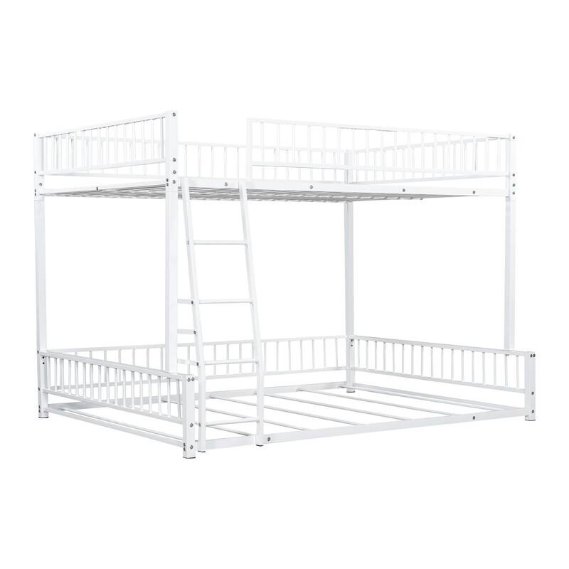 Twin/Full XL over Queen Size Metal Bunk Bed with Ladder and Safety Guardrails, Convertible Bed Frame to Two Floor Beds