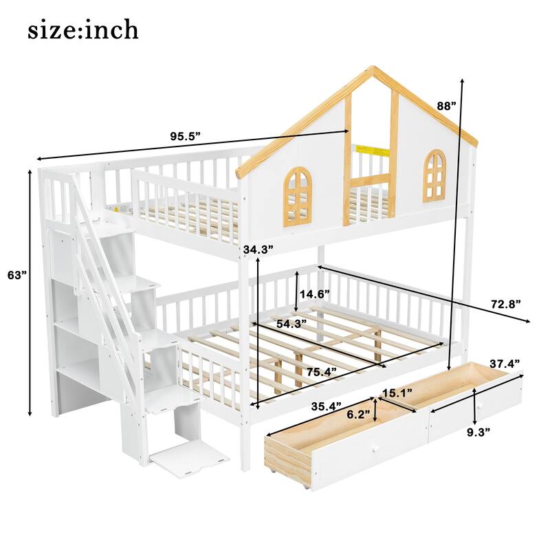 Fairytale Bunk Bed with Window Door House-shaped Roof Frame and Storage Staircase, Optional with Storage Drawers or Trundle Bed