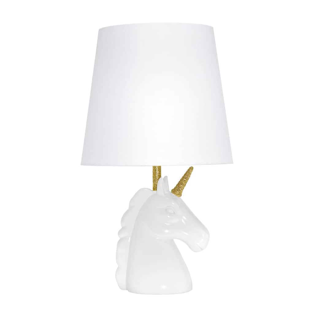 16 in. Matte White and Gold Finish Unicorn Base Table Lamp with White Shade, Childern's Bedroom Lamp