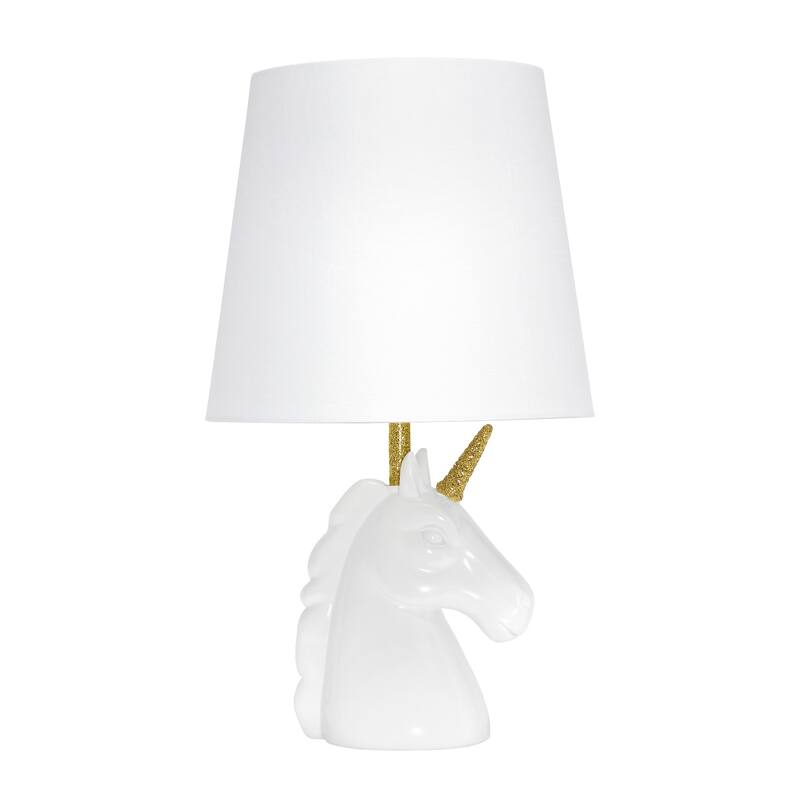 16 in. Matte White and Gold Finish Unicorn Base Table Lamp with White Shade, Childern's Bedroom Lamp