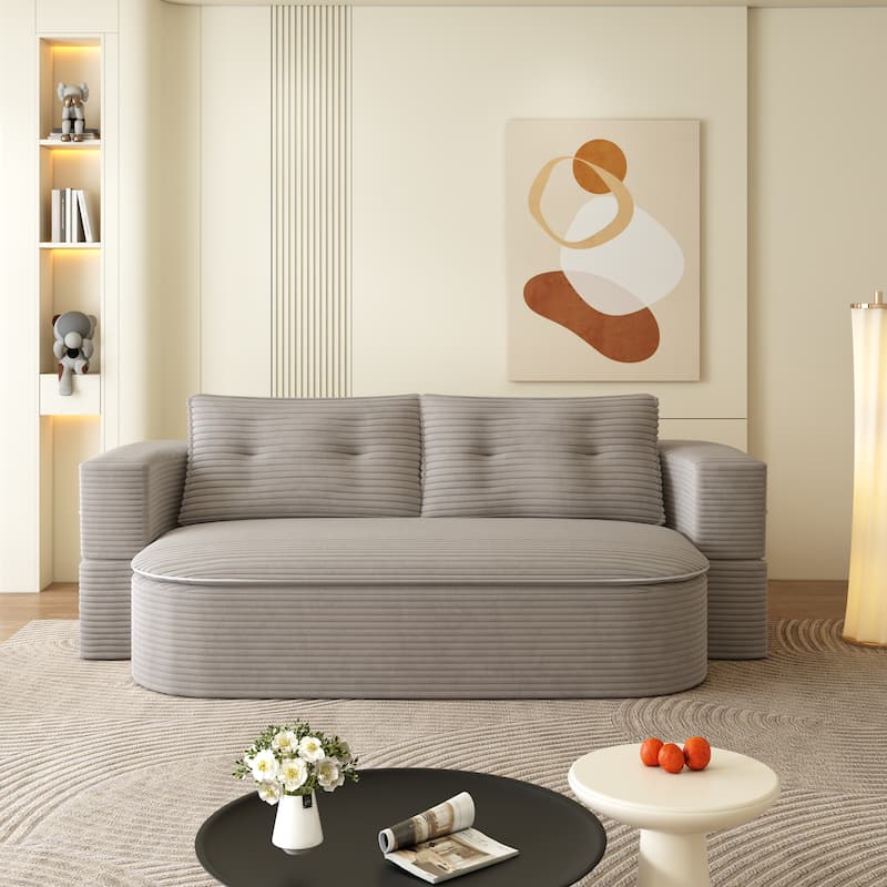 78.7" Corduroy Convertible Sofa Bed with 2 Pillows, Modern 2-in-1 Foldable Loveseat Couch, Deep Seat Floor Sleeper Sofa