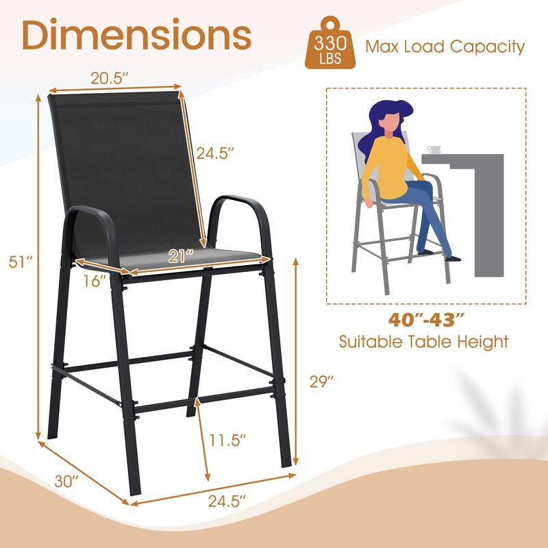 29" Outdoor Bar Stools Set 2 Fabric High Back Chairs with Metal Frame for Decks and Porches - 24.5" x 30" x 51"