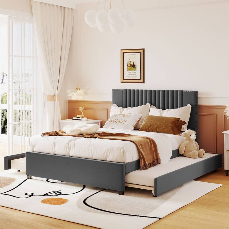 Linen Platform Bed with Drawers & Trundle - Gray - Full