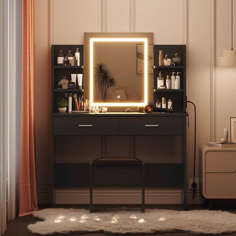Vanity Desk with Lighted Mirror and 6 Storage Shelves