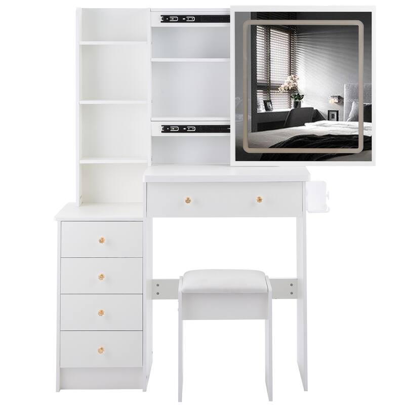 Vanity Table with Control LED Sliding Mirror, Dressing Table Set with USB Power Station, Makeup Stool with Hair Dryer Stand