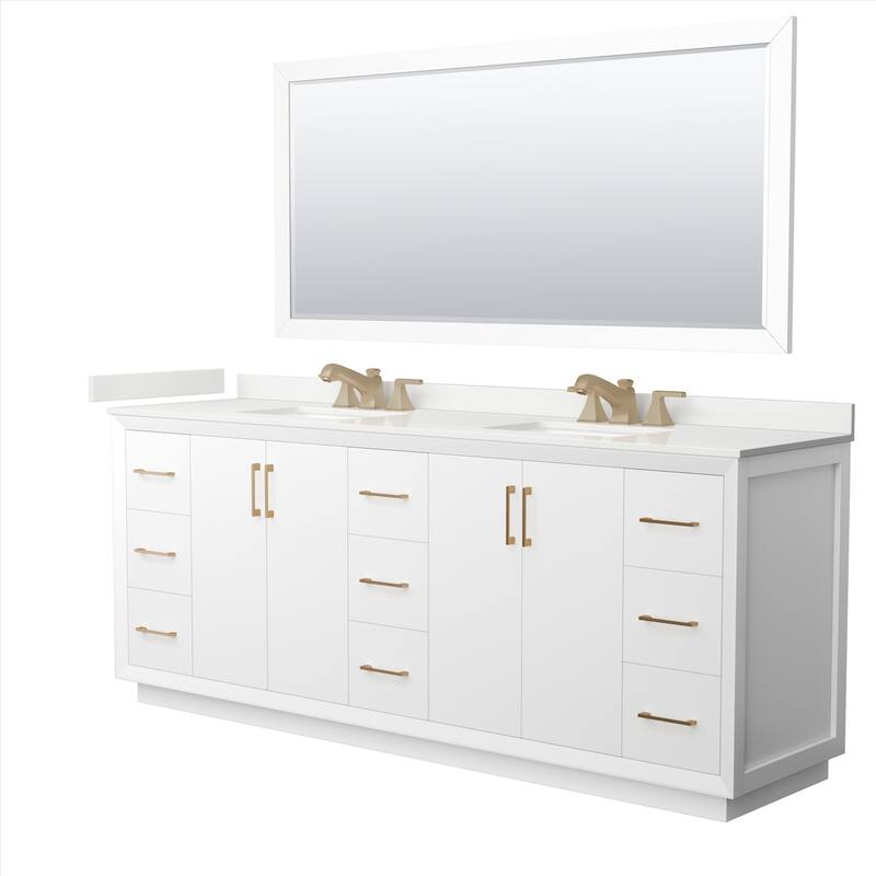 Wyndham Collection WCF414184D-QTZ-US3M70 Strada 84" Free Standing - White / White Quartz Top / Satin Bronze Hardware