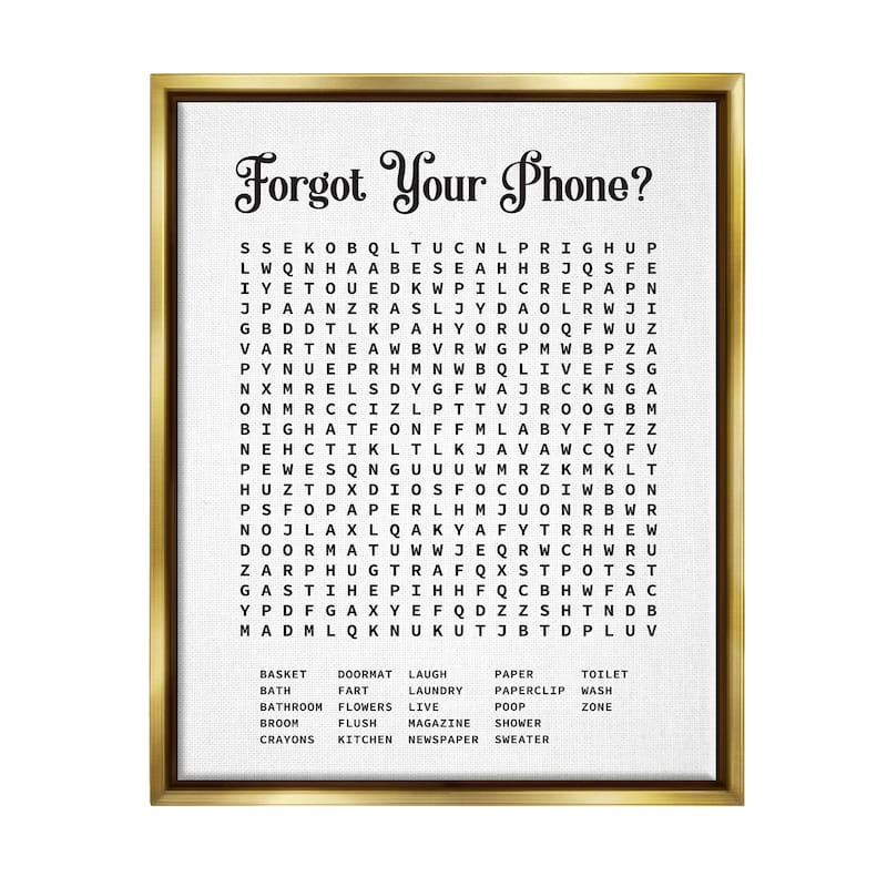 Stupell Phone Crossword Puzzle Bathroom Word Design Floater Frame - Black - 16 x 20 - Gold