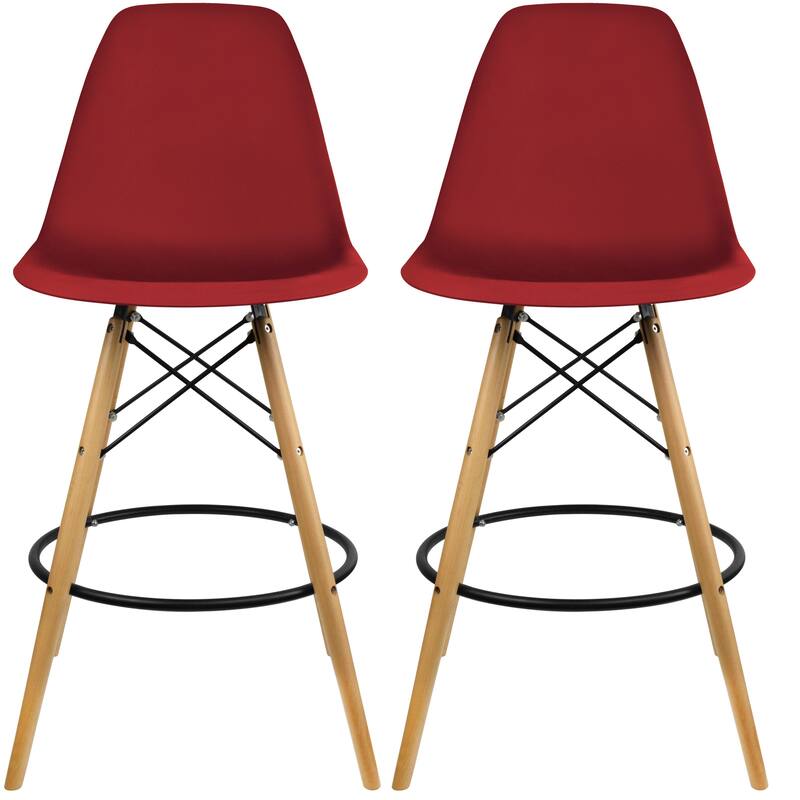 Set of 2 Modern 28" Color Seat Height DSW Molded Armless Plastic Counter Bar Stool Natural Wood Eiffel Dowel Legs Kitchen - Red
