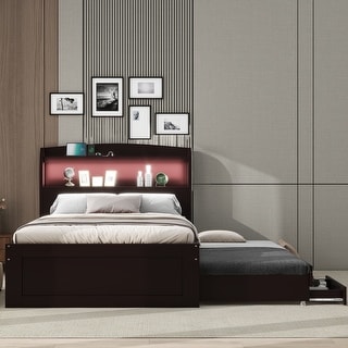 Twin XL Size Platform Bed with LED Headboard, Storage Bed with Charging Station, Trundle and 2 Drawers, Dark Brown