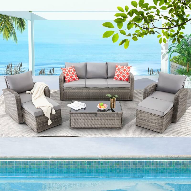 6-Piece Rattan Patio Set with Fire Pit Table, Outdoor Conversation Set with Cushions, Weather-Resistant Sofa Sectional