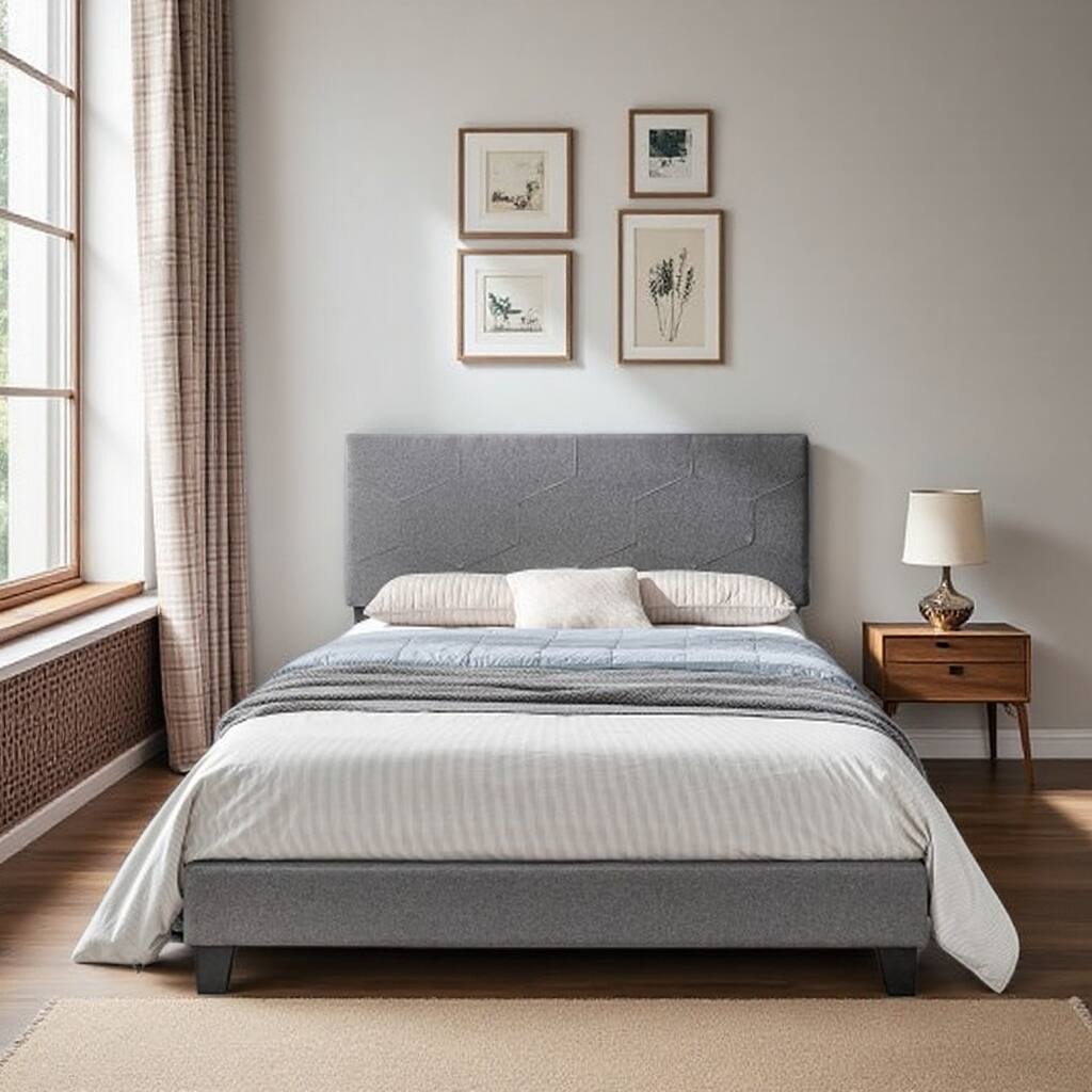 Queen Size Upholstered Platform Bed Frame with Wood Slat Support, No Box Spring Required, Easy Assembly
