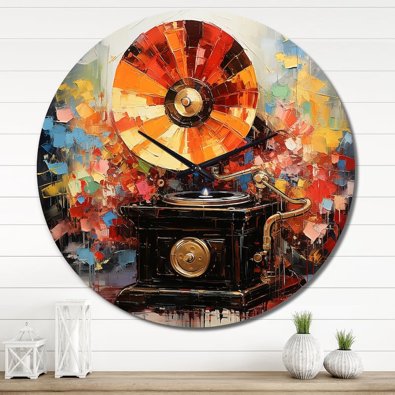 Designart "Colorful Phonograph Collage" Music Oversized Wall Clock - 36 In. Wide x 36 In. High