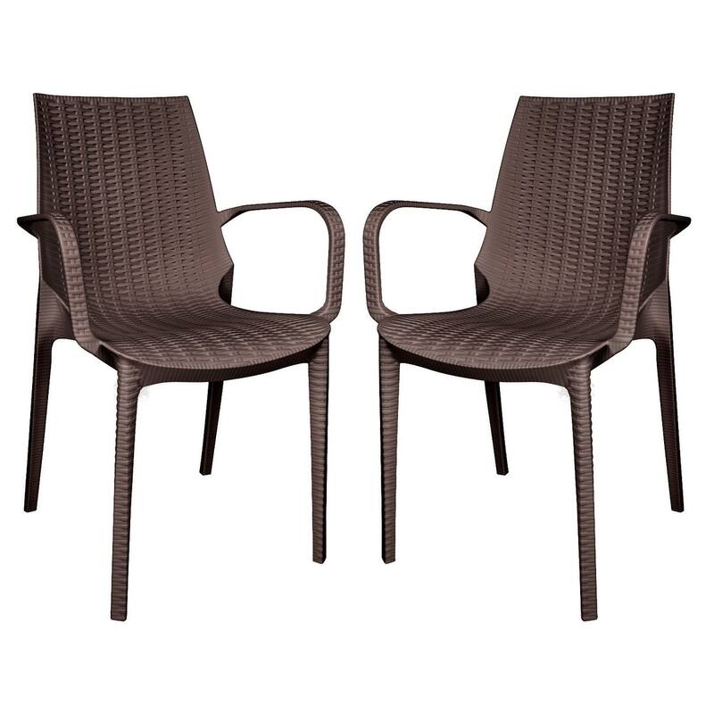 LeisureMod Kent Outdoor Stackable Dining Arm Chair, Set of 2 - Brown