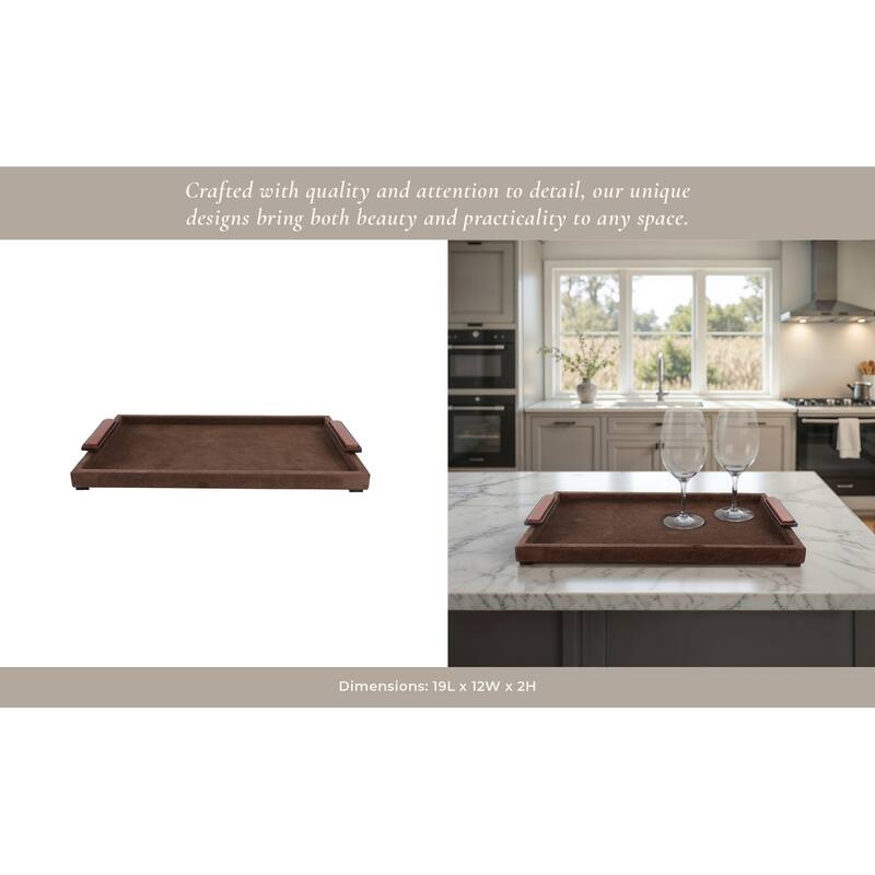 Wood Metal Modern Serving Tray with Handles Home Decor - 2" Brown - 19" x 12" x 2"
