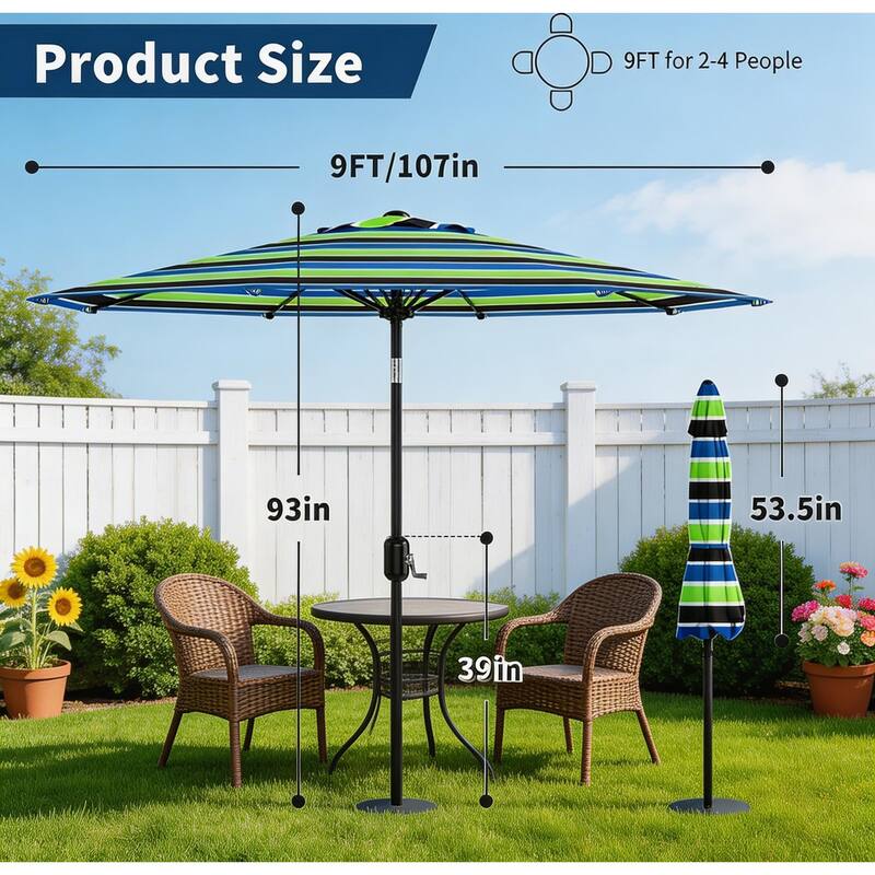 9 ft Patio Umbrella, with Crank Lift & Push Button Tilt, 8 Sturdy Ribs