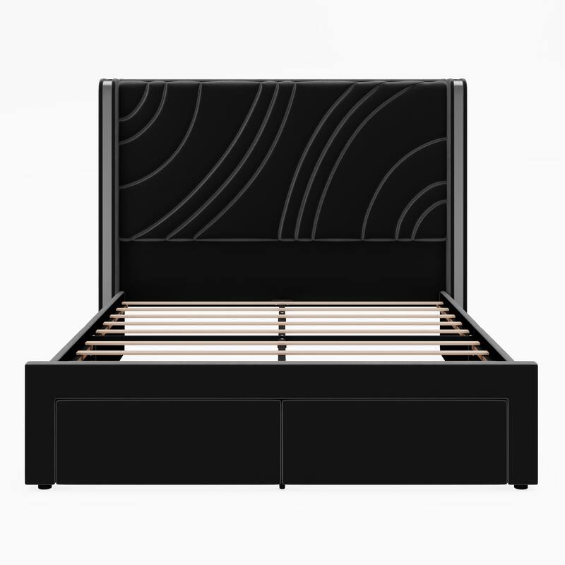 Velvet Upholstered Platform Bed with Smart Ambient Strip Lights Wingback Headboard, and Endbed Pull-out Storage Drawers