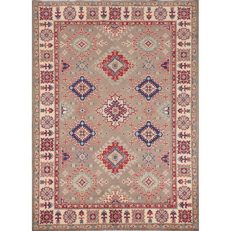 Geometric Kazak Oriental Area Rug Hand-Knotted Traditional Wool Carpet - 5'0" x 6'9"