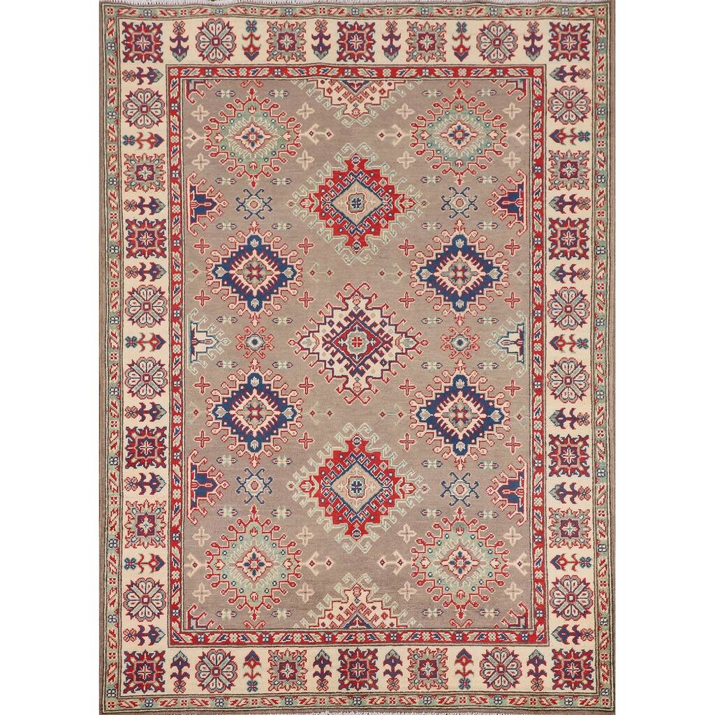 Geometric Kazak Oriental Area Rug Hand-Knotted Traditional Wool Carpet - 5'0" x 6'9"