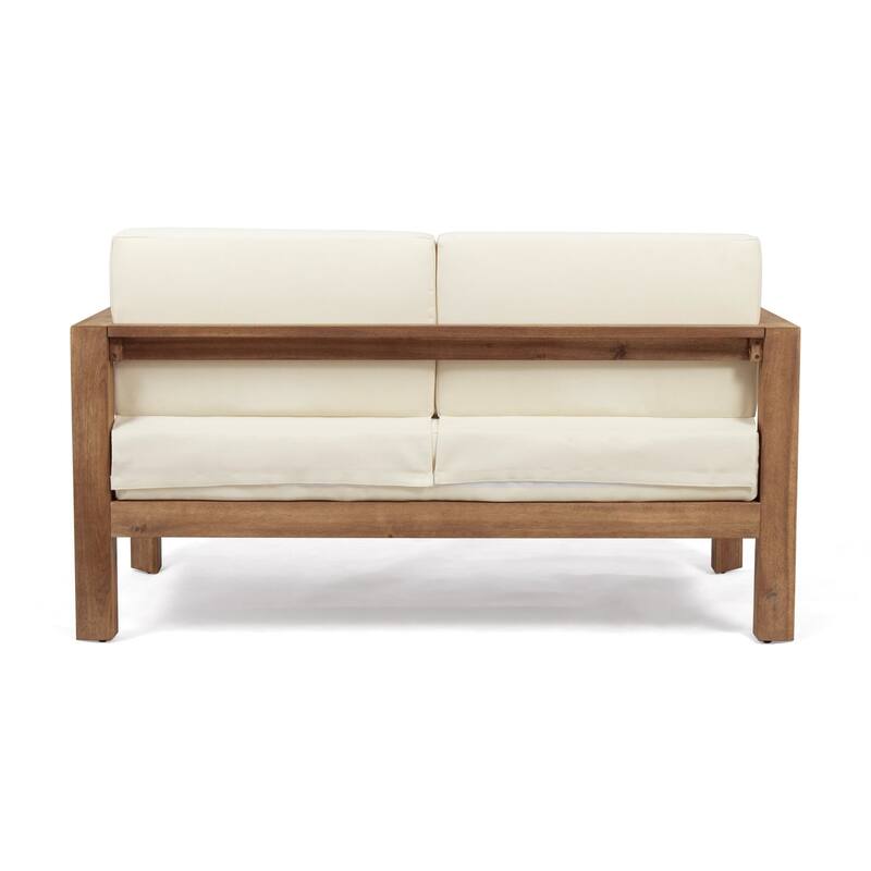 2-Piece Wood Patio Conversation Set with Beige Cushions