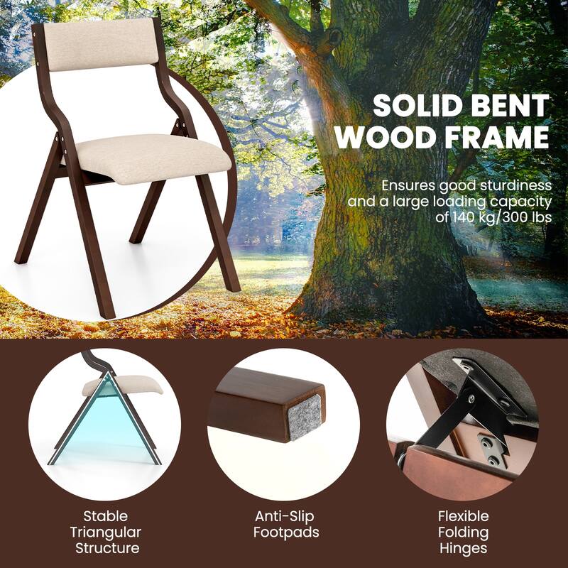 Set of 2 Linen Fabric Folding Chairs with Curved Backrest and Solid Bentwood Legs for Kitchen Use - 19" x 24" x 31" (L x W x H)