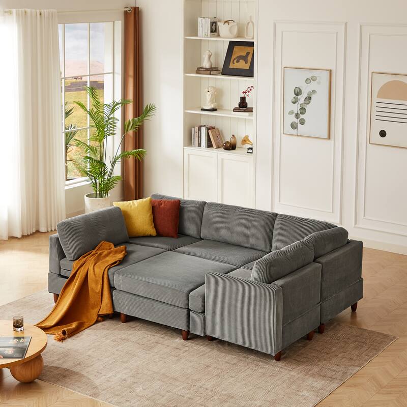 Corduroy Upholstered Sectional Couch Modular Sleeper Sofa Bed with Ottoman Chaise Lounge, Free Defined Sofa Size and Shape