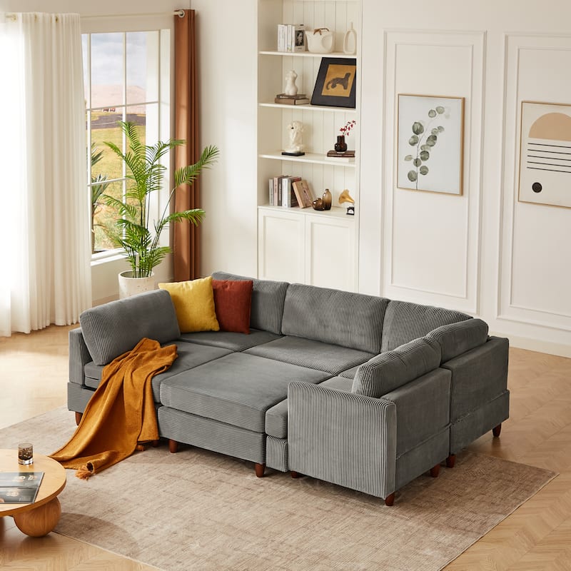 Modern Modular Sectional Couch, 6 Seaters Corner Sleeper Sofa Corduroy Upholstered Sofa Bed with Ottoman, L-shape Couch