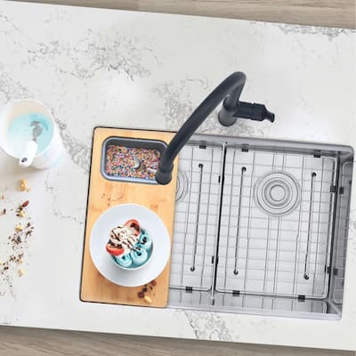 AZUNI 16.75 inch Workstation Sink Bamboo Cutting Board set with 1 Collapsible Container - 16.75" x 8.5"