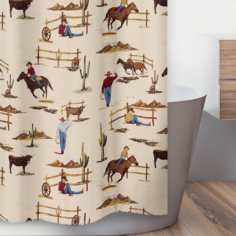 Sweet Jojo Designs Brown Western Cowboy Boy Bathroom Fabric Bath Shower Curtain Tan Wild West Southern Country Horse Cow Animal