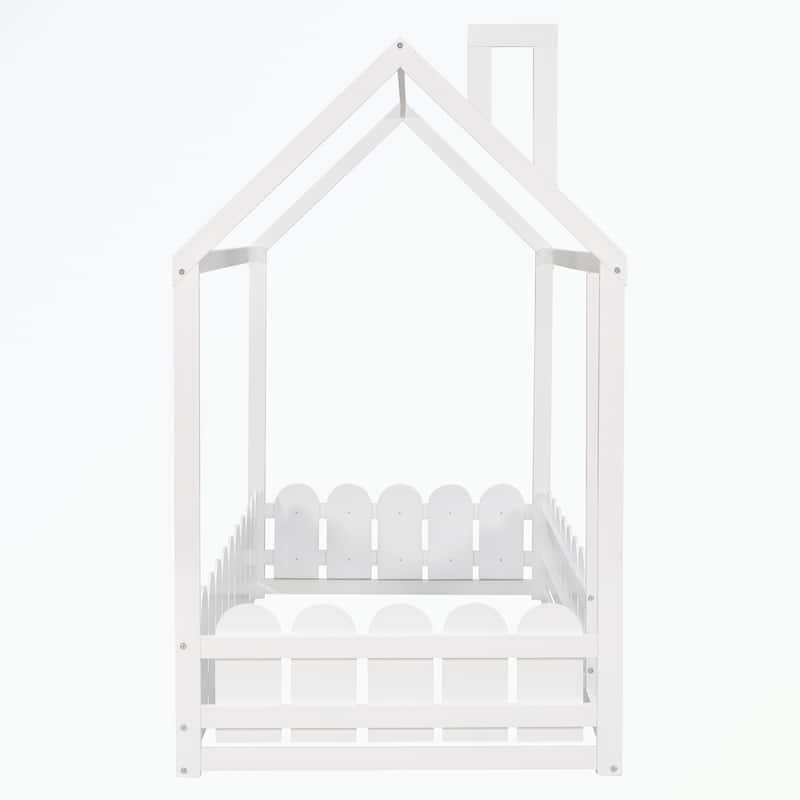 Twin Size Wood Bed House Bed Frame with Fence