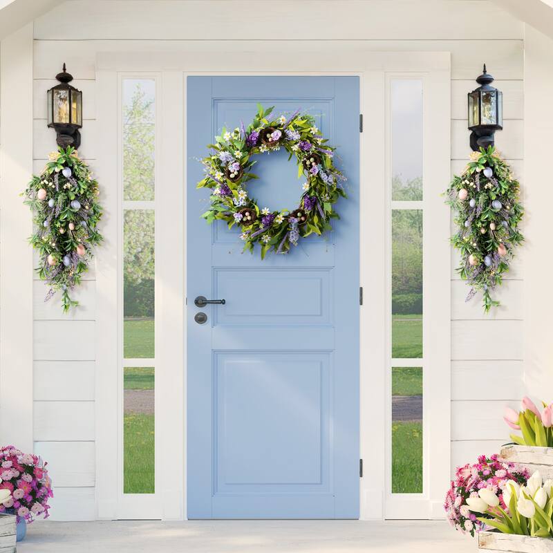 Glitzhome 28"H Easter Egg & Lavender Wreath Teardrop Swag Door Hanger