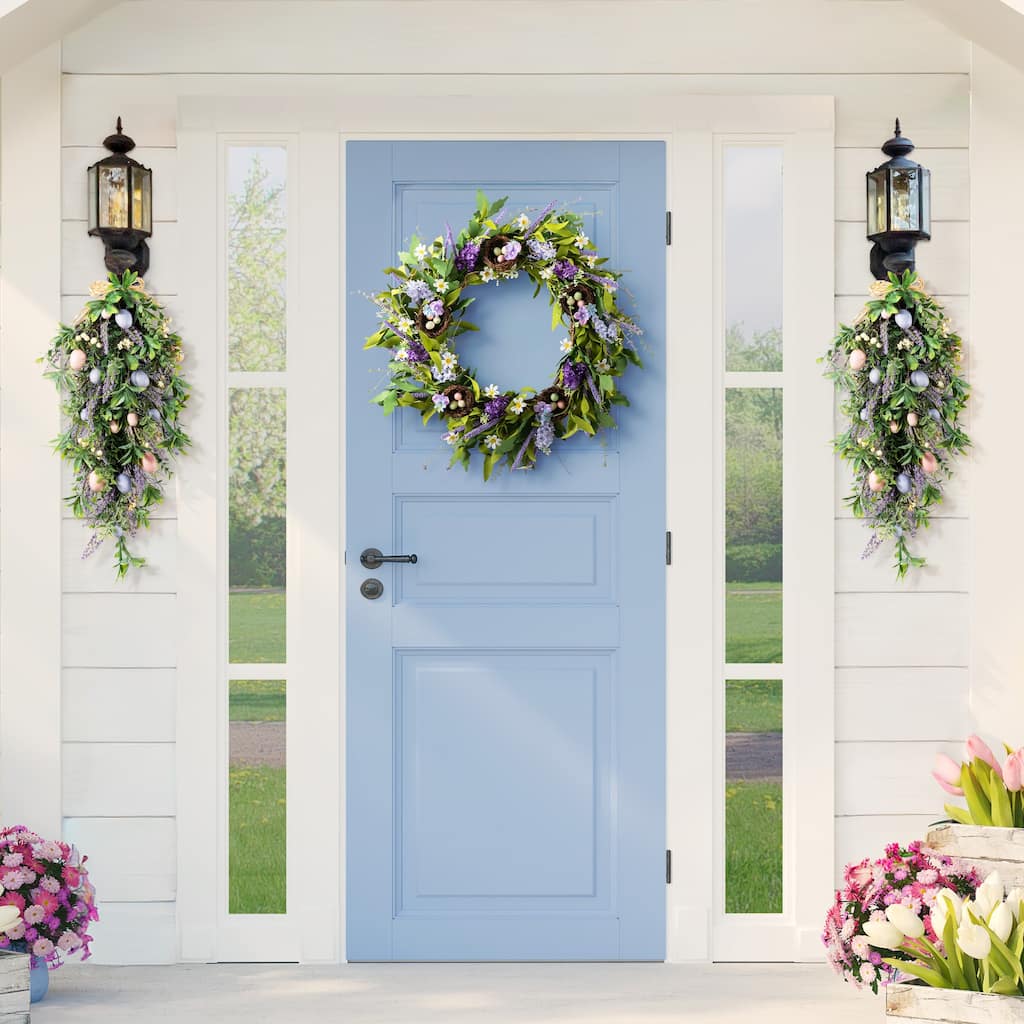 Glitzhome 28"H Easter Egg & Lavender Wreath Teardrop Swag Door Hanger