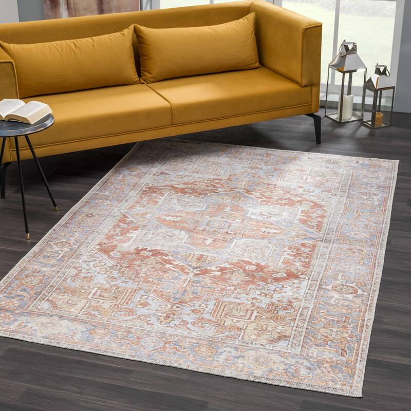 Hauteloom Maayon Hallway, Kitchen Machine Washable Runner Rug - Brick Red, Dark Red, Navy - 2'7" x 7'3"