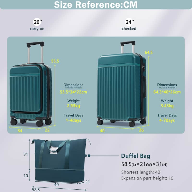 Front Opening Luggage Set 3 Piece,USB Port, Expandable Luggage with Handle Bag Spinner Wheels TSA Lock